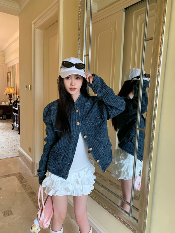 Denim Chanel-Style Jacket for Women, Autumn Loose Niche Textured Stand Collar Blue Jacket Versatile Chic Top