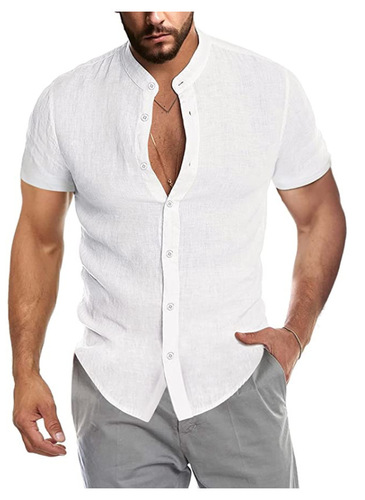 Summer V-neck Linen New Style Collarless Short-sleeve Men's Shirt, Versatile