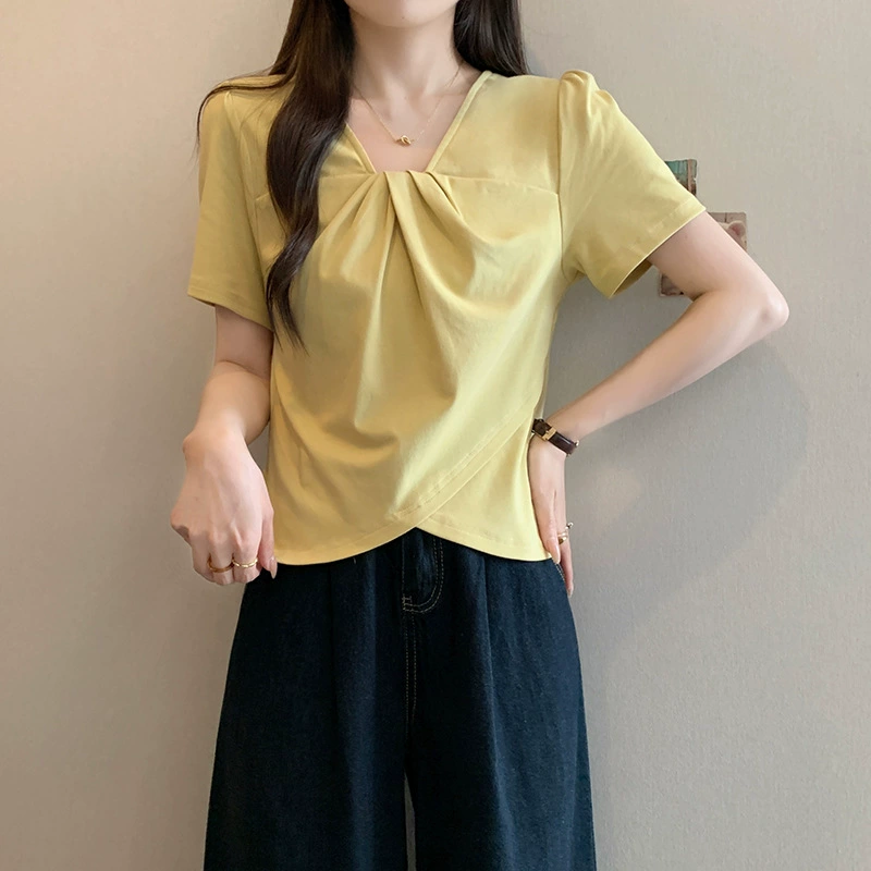 2025新款胖mm大码女时尚设计感v领不规则正肩短袖T恤上衣21222