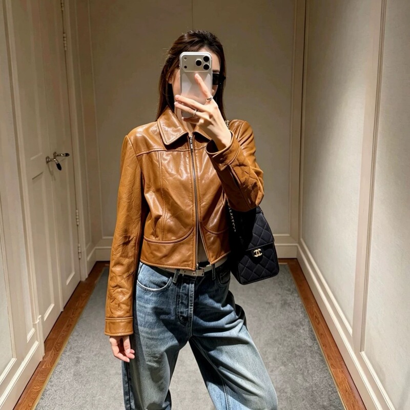 Natural wrinkled oil-waxed top-layer sheepskin leather jacket for women, new autumn and winter vintage short jacket