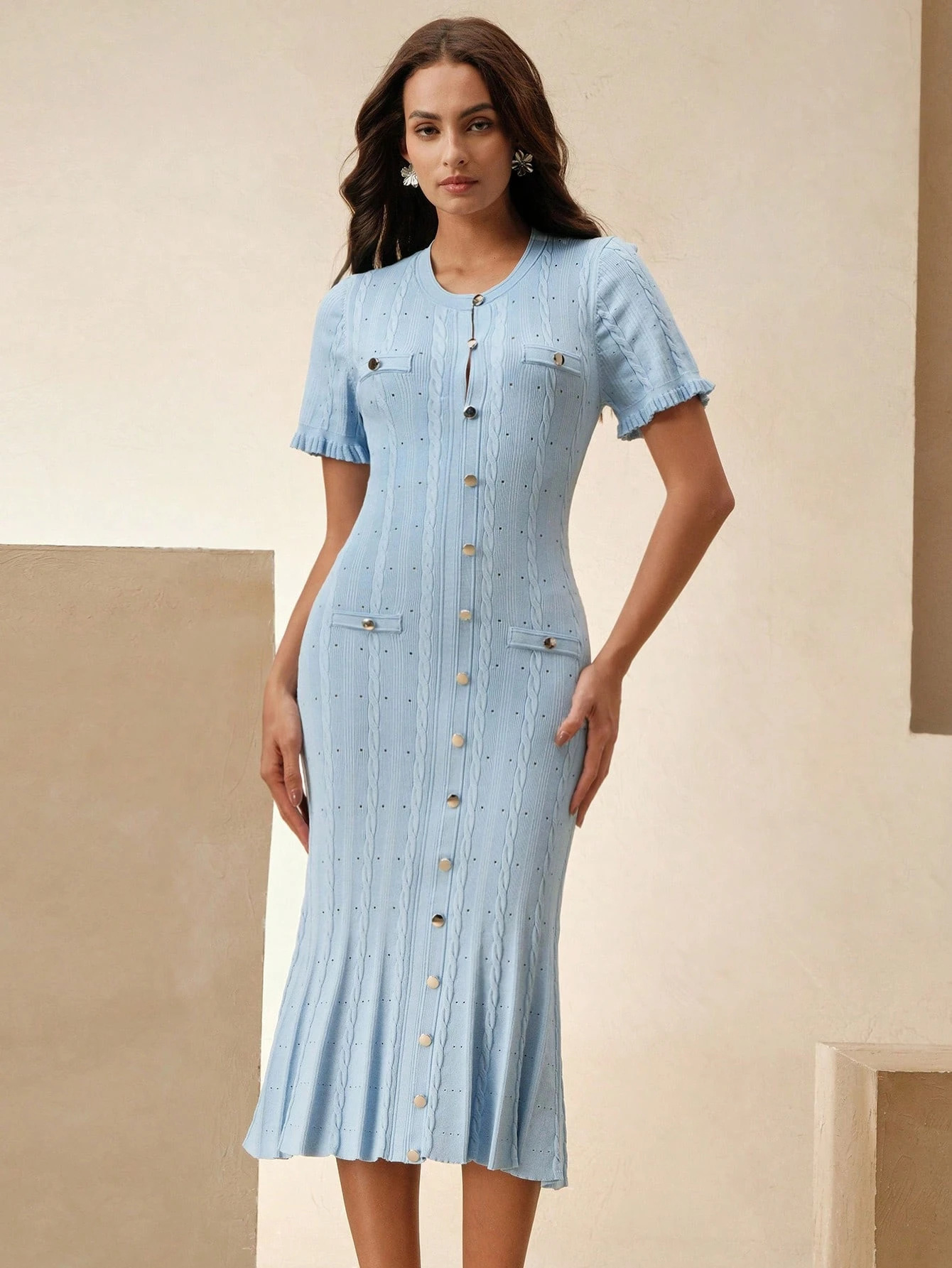 Women's Clothing Elegant Knit Tweed Dress With Front Buttons And Short Sleeves For Women_ecoleips.com