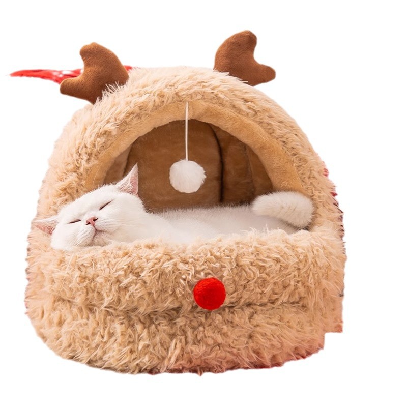Halbgeschlossenes Katzenhaus, warmes Haustierbett für alle Jahreszeiten, geräumig, waschbar, weihnachtliches Rentiermotiv_voghion.com