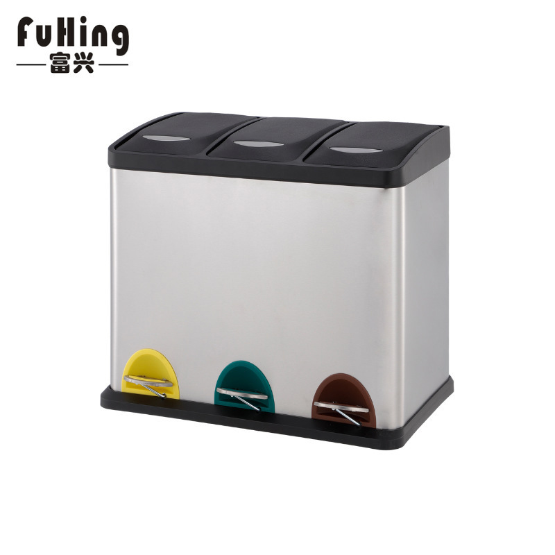 24L Stainless Steel Pedal Eco-Friendly Storage Bin for Outdoor, Home, and Office Use with Three-Category Separation for Dry and Wet Waste