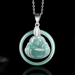 Natural a goods jade blue water jade ring Buddha heart Buddha pendant S925 silver buckle ice jade pendant for men and women