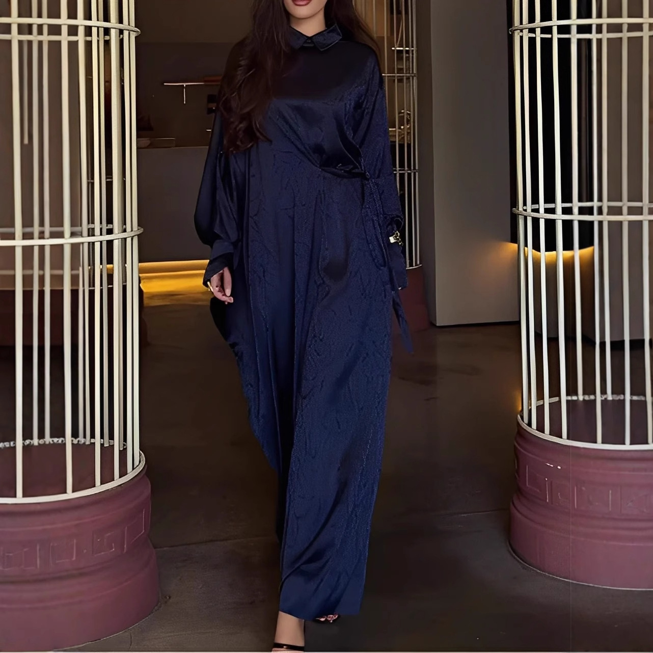 2025 European and American Clothing Amazon Independent Long-Sleeved Home Wear Digital Printed Shirt Collar Dress Long Skirt