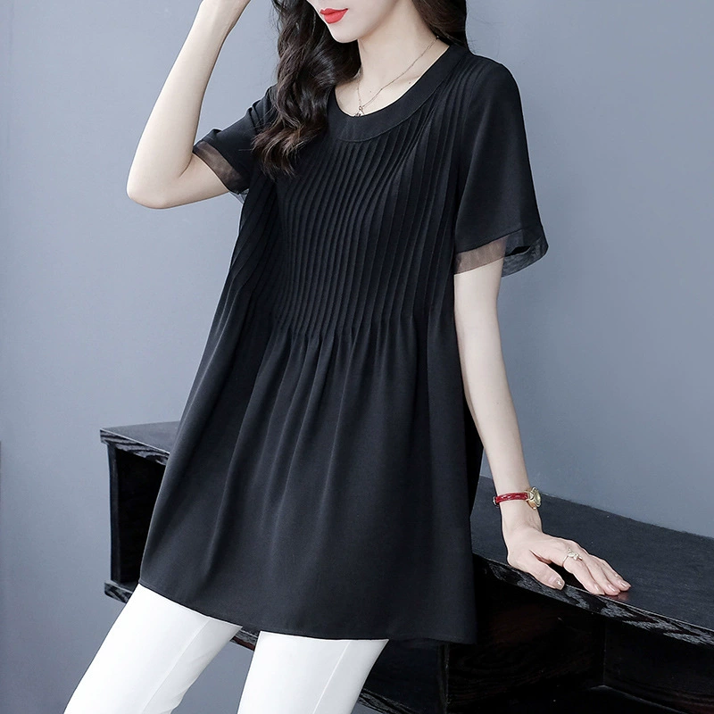 Модная женская одежда среднего и пожилого возраста, летняя свободная стильная шифоновая рубашка больших размеров с короткими рукавами и морщинами, уменьшающая возраст, Топ