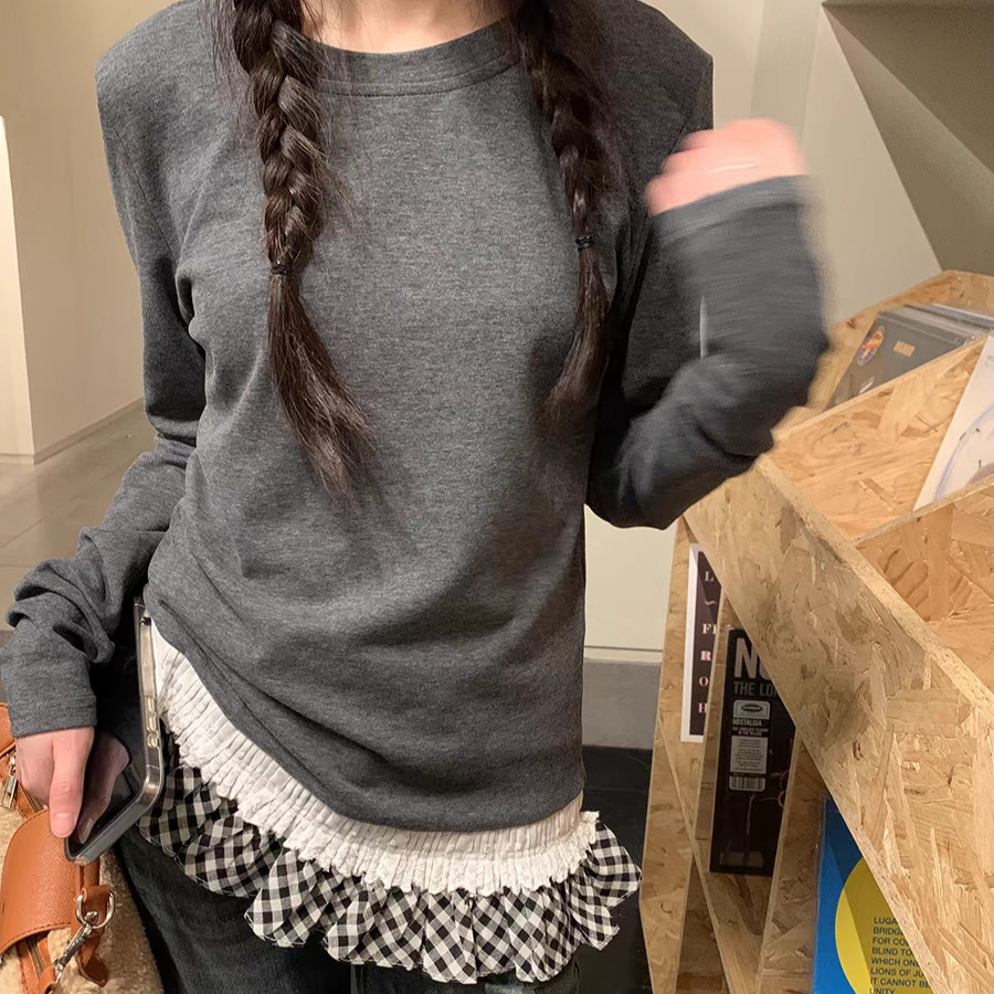 撞色格子荷叶边长袖t恤女别致设计感打底衫圆领上衣拼接蕾丝裙摆