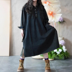 炒色大版纽扣polo领系带牛仔连衣裙女2025秋季新款翻领长袖中长裙