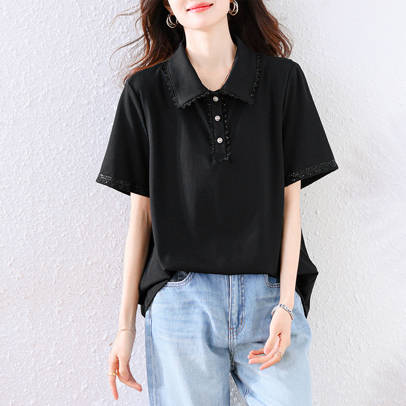 Age-Reducing Lace T-Shirt 2025 Plus Size Women's Summer New Lapel Top