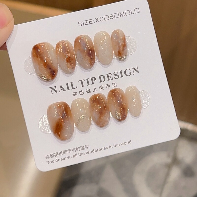 [Half-Sugar Amber] Cat-Eye Amber Smudged Oil Painting Style Pure Handmade Wearable Nails 86 Styles with Box and Tool Kit