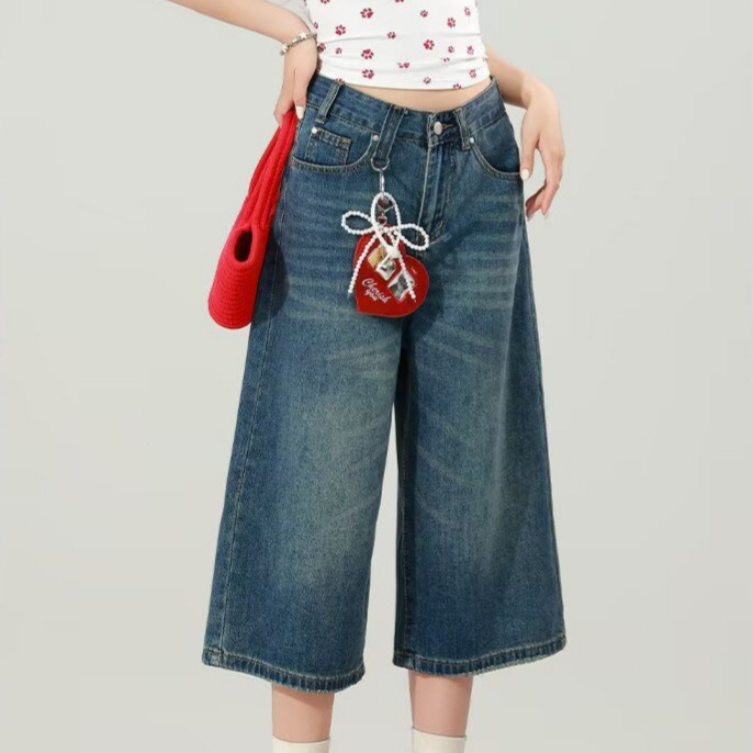 American-Style Cropped Denim Shorts for Women, Summer 2026 Trendy Versatile New Style, Loose Fit for Petite Figures, Wide-Leg Pants