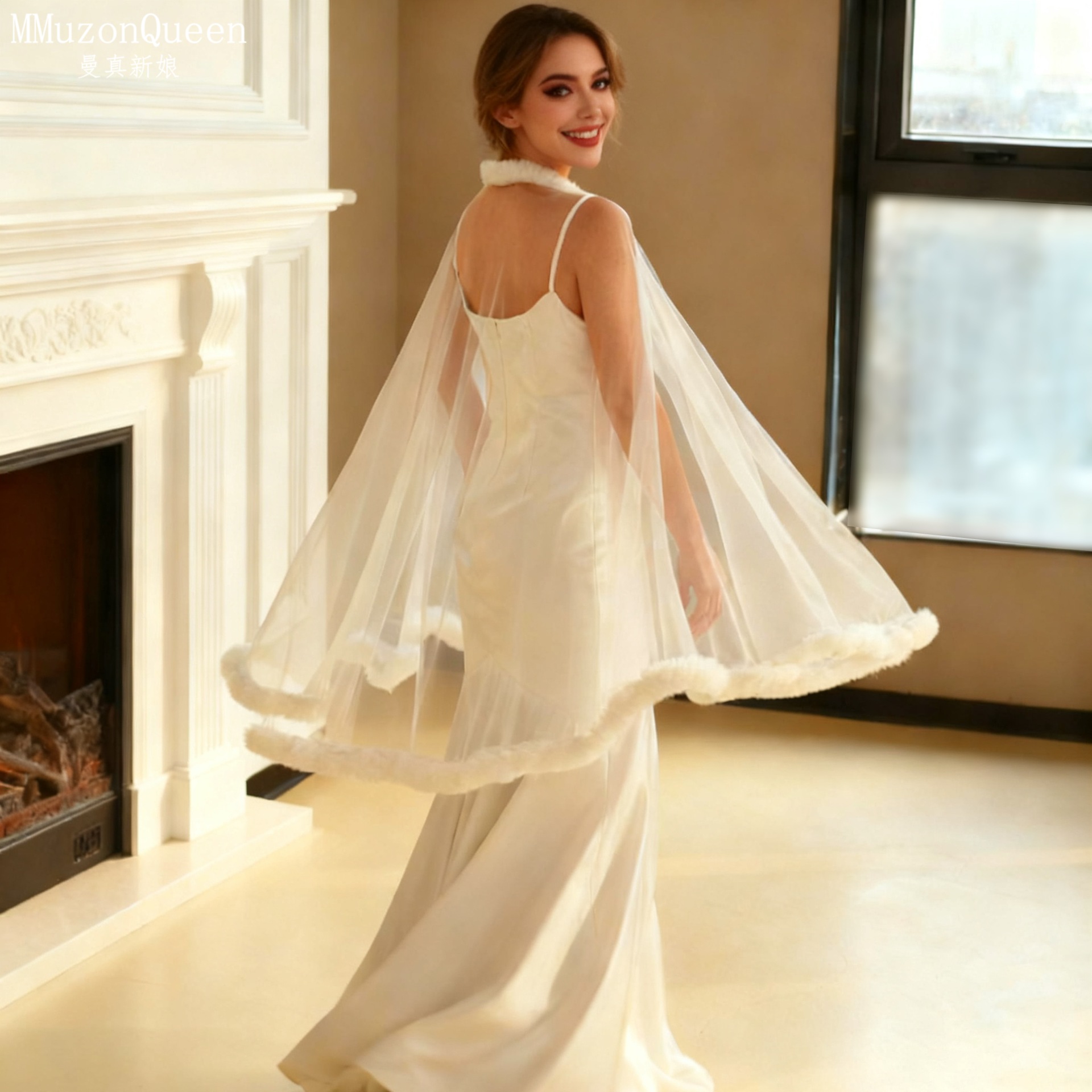 曼真 新款秋冬毛绒绒边网纱披肩圣诞节披风新娘婚礼服装配饰VG134