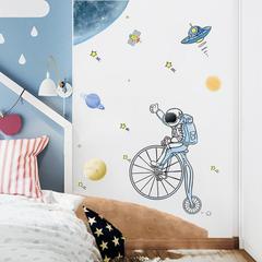 Boy sticker cartoon space planet astronaut bicycle fun wall decal children's bedroom background decoration self-adhesive sticker