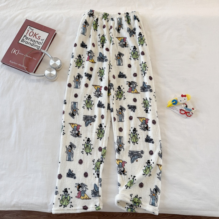 Invierno nuevo pantalones cálidos de franela estilo de caricatura coreano para mujeres más grueso y terciopelo cálido para el hogar pijamas de lana se pueden usar fuera