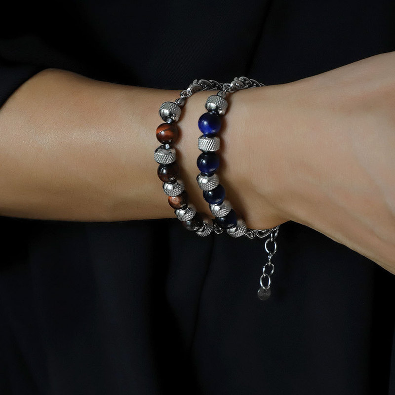 Tiger Eye Stone Men's bracelet stainless steel stitching Klein blue round beads European and American cross-border new retro metal bracelet