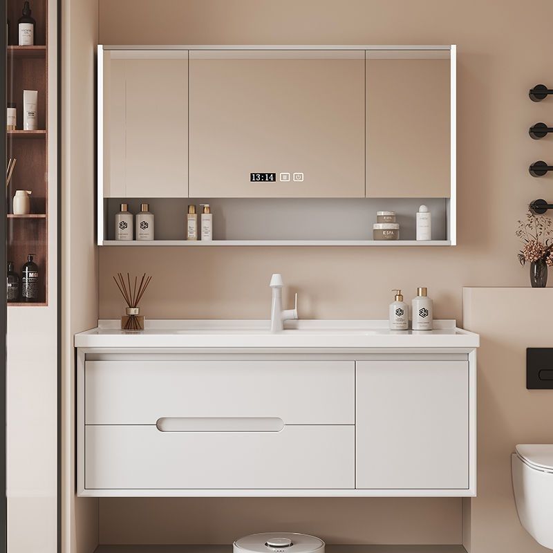 Simple cream-style ceramic integrated basin bathroom cabinet combination, bathroom washbasin, washbasin, oak lacquer details Picture
