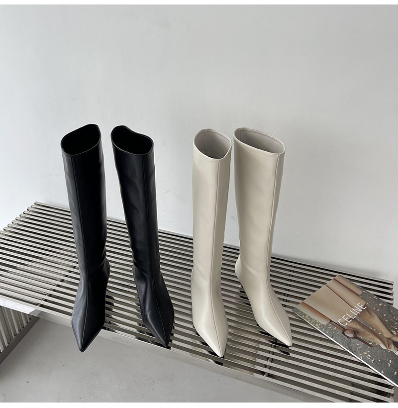 2024 Spring and Autumn Season New Versatile Simple Fashion Wide Korean Version Pointed Sleeve High Boots Soft Leather_voghion.com