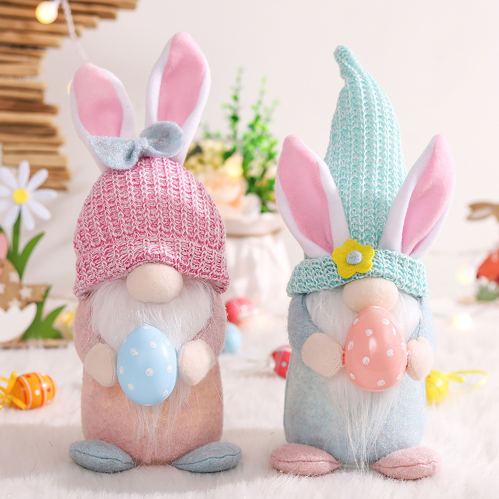 Nuevas decoraciones de Pascua que emiten luz sin rostro muñeca vieja Orejas de conejo sosteniendo colorido huevo enano muñeca adornos