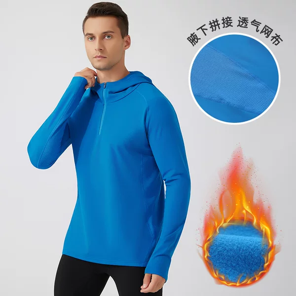 Autumn and Winter Half-Zip Running Tops for Men's Outdoor Sports Training Hooded Long-Sleeved Velvet Warm Fitness Clothes
