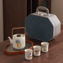 新款汝窑便携式旅行茶具套装日式提梁壶大容量一壶三杯一茶盘礼品