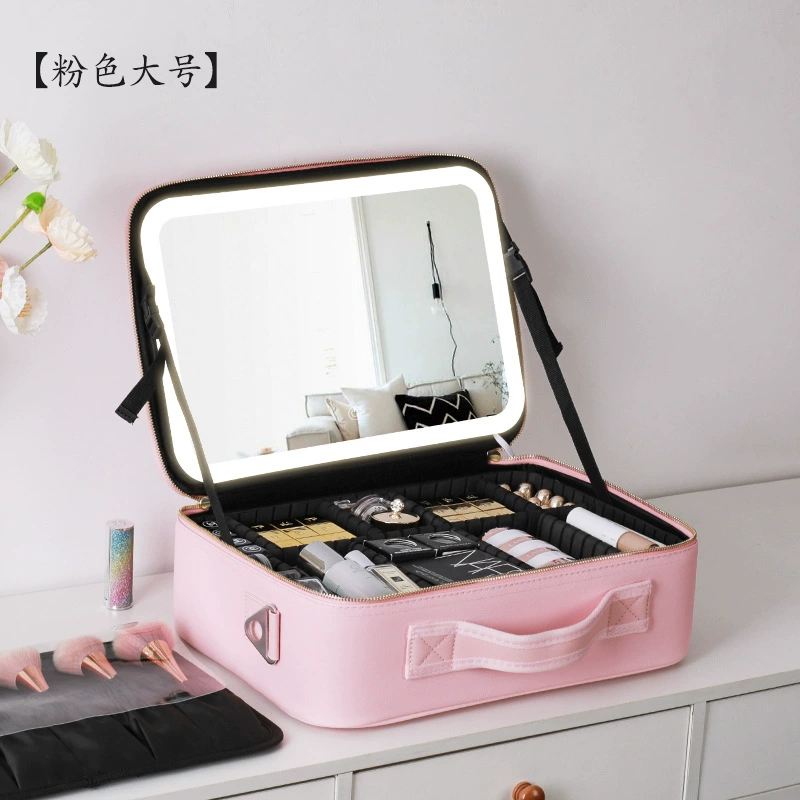 Table storage box with light, mirror, handheld cosmetic bag, purse, organizer bag