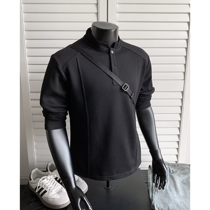 Henley collar long-sleeve t-shirt for men, suitable for spring, autumn, and winter, trendy American-style cleanfit base layer with fleece lining Henley collar long-sleeve t-shirt for men, suitable for spring, autumn, and winter, trendy American-style cleanfit base layer with fleece lining