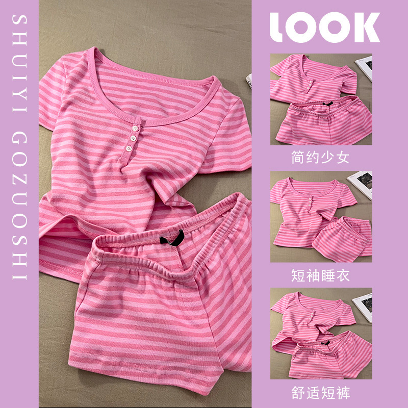 Sweet Style Pink Striped Short-Sleeved Pajamas for Women, New Summer Slim-Fit T-Shirt and Shorts Home Wear Set That Can Be Worn Outside Sweet Style Pink Striped Short-Sleeved Pajamas for Women, New Summer Slim-Fit T-Shirt and Shorts Home Wear Set That Can Be Worn Outside