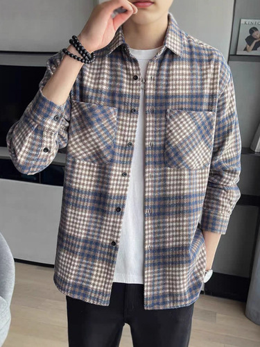 New trendy versatile effortless Japanese blue checkered faux fur digital double pocket jacket Harajuku popular literary Instagram