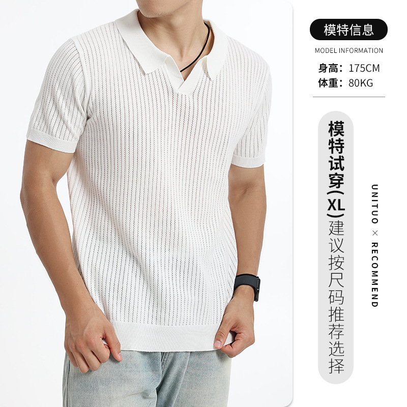 Europa y los Estados Unidos transfronterizos hombres de verano V-collar agujero hielo tejido polo camiseta alta sensación delgada con solapa transpirable mangas cortas