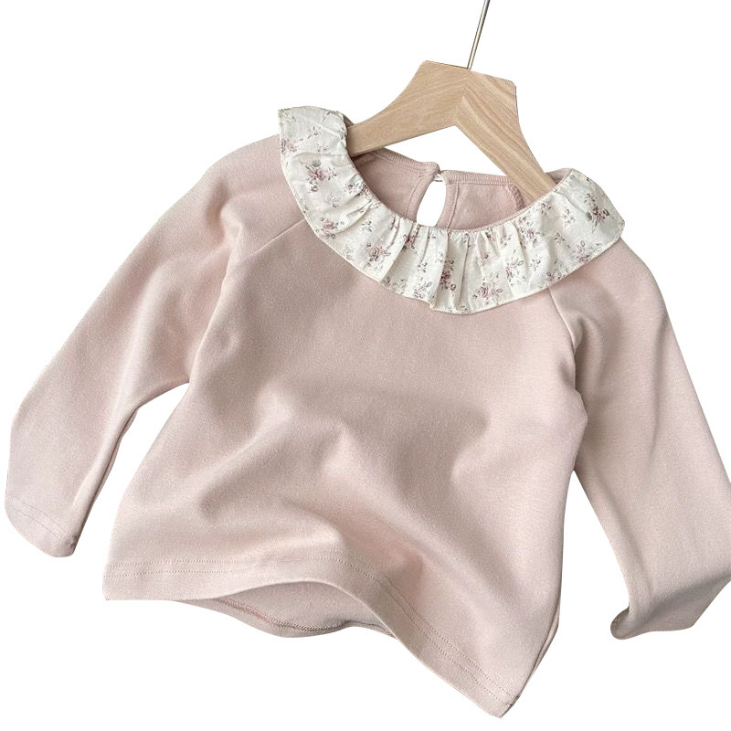 韓国秋女の子ベビー子供小花柄蓮の葉襟長袖ボトムシャツ子供ラペル長袖Tシャツトップ|undefined