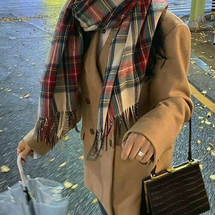 秋冬季格子圍巾紅綠格子圍巾長流蘇披肩韓版東大門保暖圍脖情侶