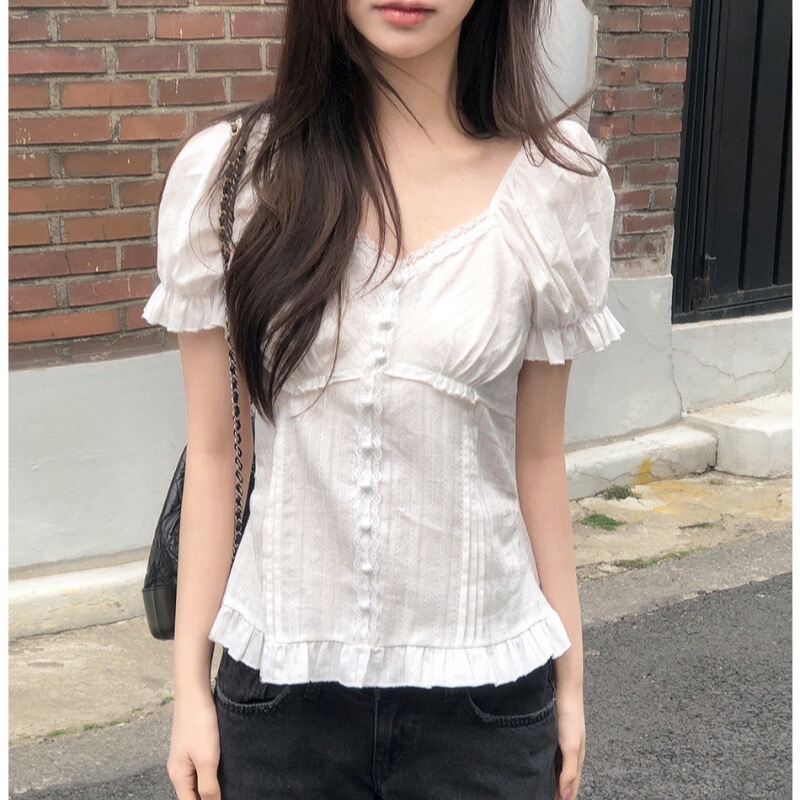 2026 Korean-Style Summer Ruffled Lace Puff Sleeve Slim-Fit Short-Sleeve Shirt 2026 Korean-Style Summer Ruffled Lace Puff Sleeve Slim-Fit Short-Sleeve Shirt