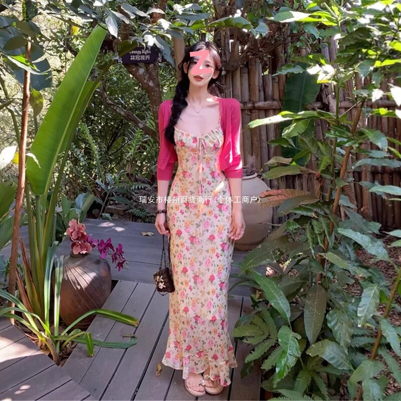Cross-border French vintage floral suspender dress for women, spring-summer elegant rose red cardigan long dress set