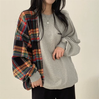 跨境拼接卫衣女假两件春秋新款2026圆领格子设计感长袖薄款上衣女
