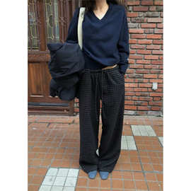 现 2025冬季新款韩国东大门Baby酱复古格纹系绳松紧腰休闲裤