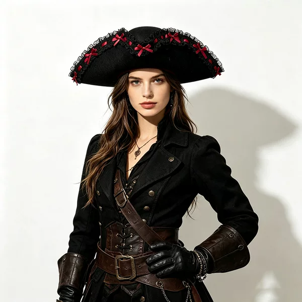 Halloween ruffled lace black faux leather pirate hat with bow and lace triangle hat in vintage court style