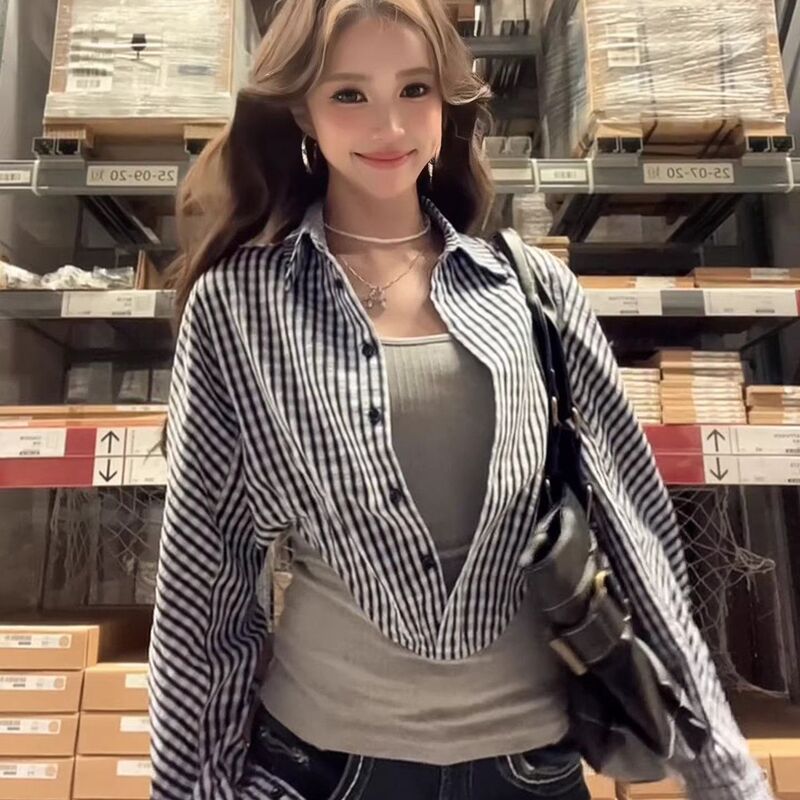 Korean-Style Plaid Fake Two-Piece Shirt for Women, Spring Outfit with Patchwork Vest Shirt, Waist-Cinching Slimming Design, Trendy Top Korean-Style Plaid Fake Two-Piece Shirt for Women, Spring Outfit with Patchwork Vest Shirt, Waist-Cinching Slimming Design, Trendy Top