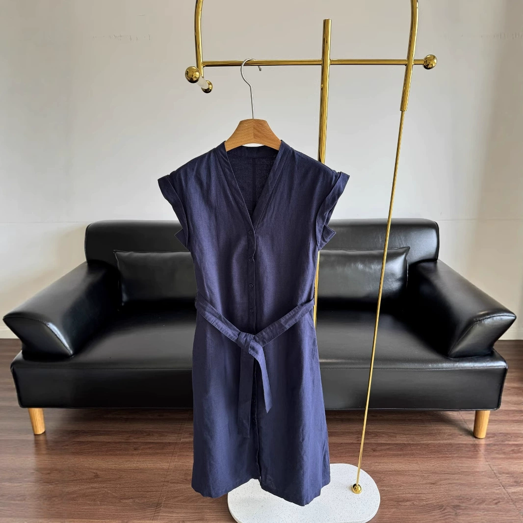 25ss ранневесеннее новое женское льняное платье с v-образным вырезом 250621