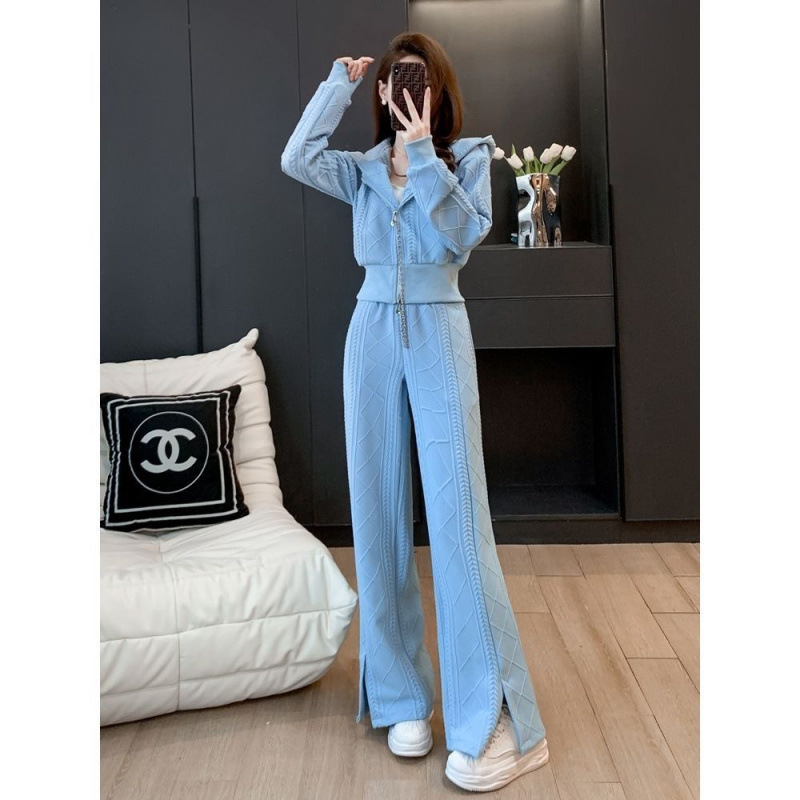 Sports Suit for Women in Spring & Fall, Fashionable, Casual, Small Fragrance, European Style Street Sweatshirt, Wide-Leg Pants Two-Piece Set