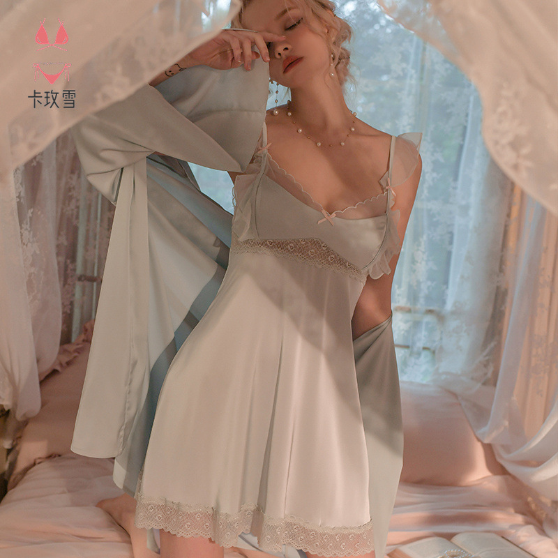 Camisole Sexy Nightgown Set Lace Mesh Sleepwear Loungewear Passionate Teasing Gauze Dress Set 1906