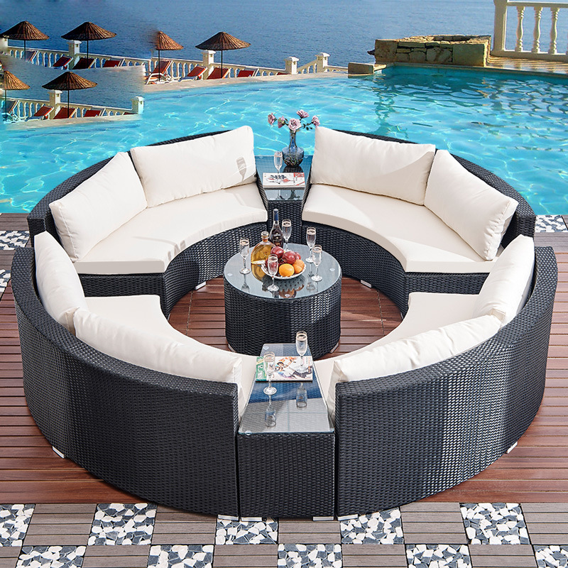Round Sofa Sunscreen Waterproof Combination Arc Rattan Outdoor Courtyard Leisure Recliner Round Bed Outdoor Swimming Pool Lounger