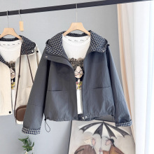 高级感连帽短外套女2025秋装新款格子内里夹克百搭宽松休闲上衣潮