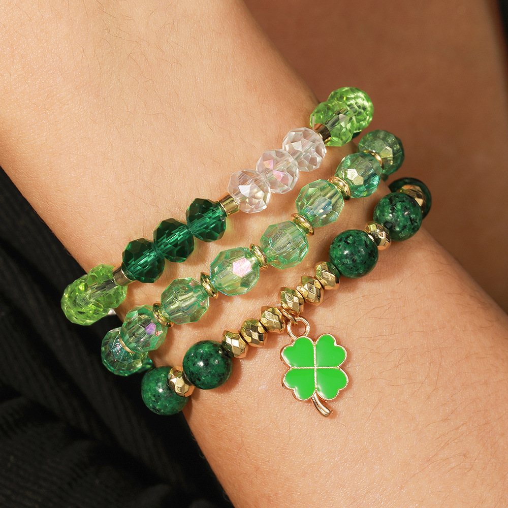 New St. Patrick Crystal Stacked Wearing Bracelet Three Leaf Clover Green Good Luck Bracelet Holiday Party Gift