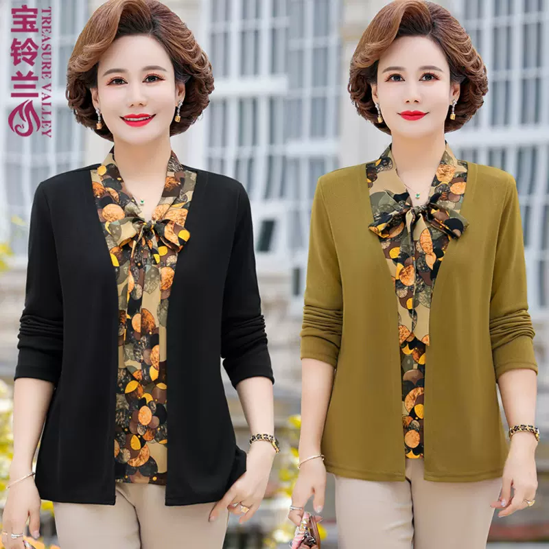 妈妈春装长袖体恤中老年女装打底针织衫蝴蝶领结假两件外穿上衣
