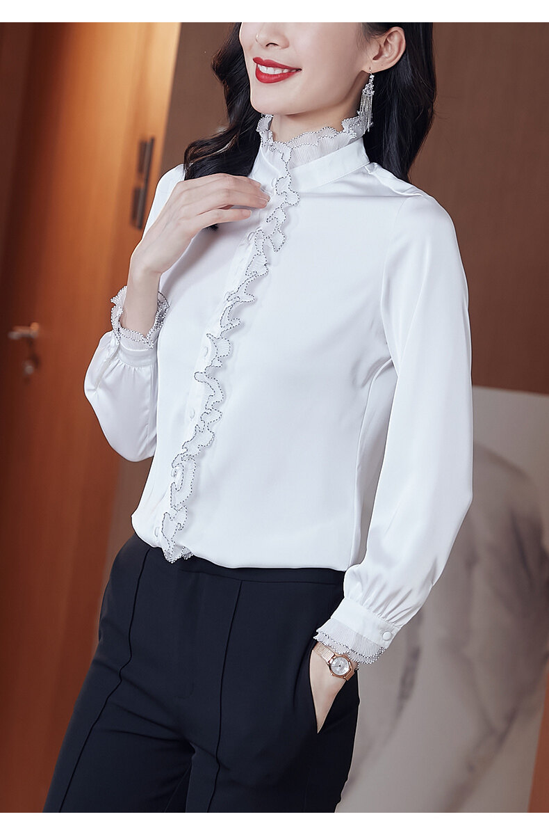 Satin chiffon stand-up collar, black ear-trimmed shirt for women, long-sleeved 2022 new Spring and autumn style, lace pic 16