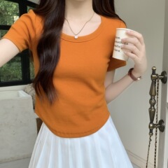 基礎純色正肩半袖tシャツ女性夏ドーパミン裾不規則デザイン修身低襟上着
