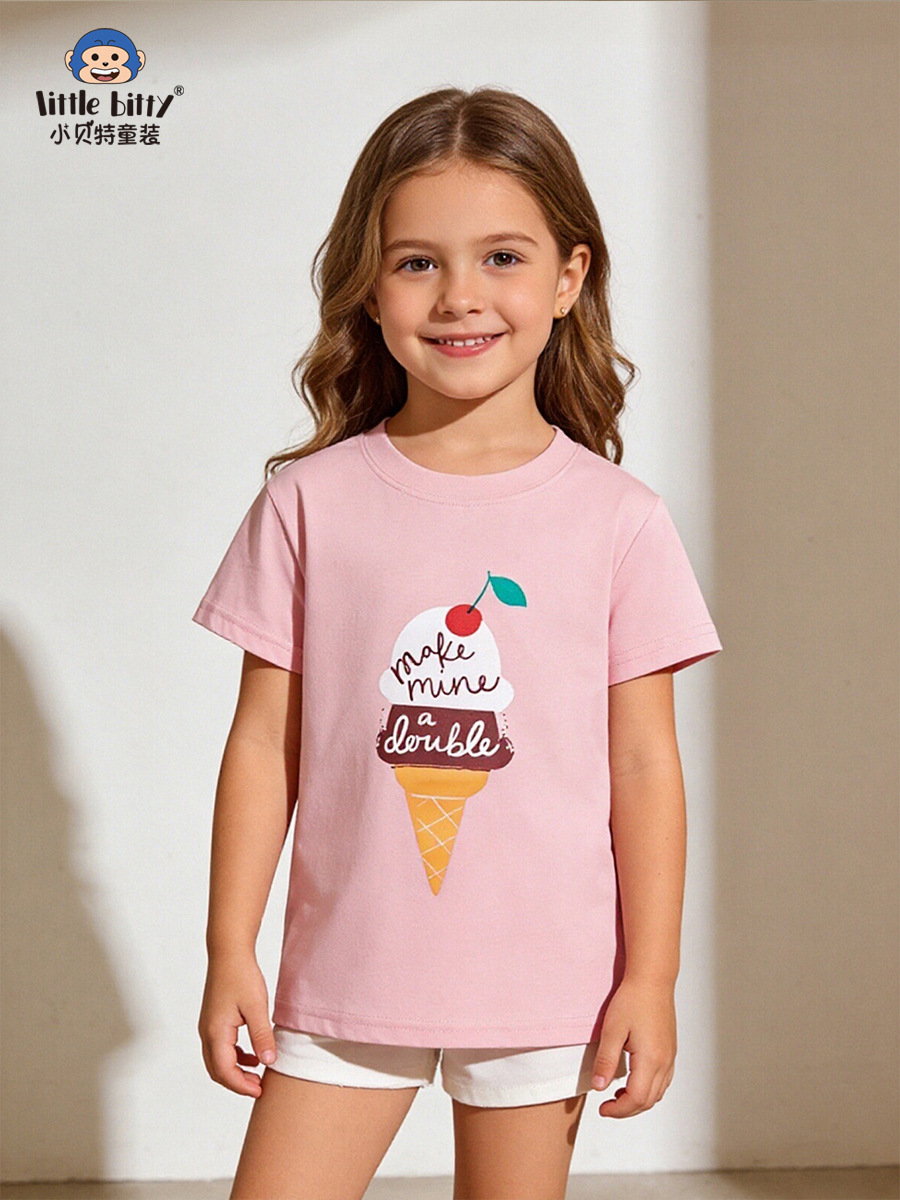 Cross-Border Supply 26 Years of Experience in Spring and Summer Children's Short-Sleeved T-Shirts with Cartoon Ice Cream Round Neck Print Girls' Tops in Stock