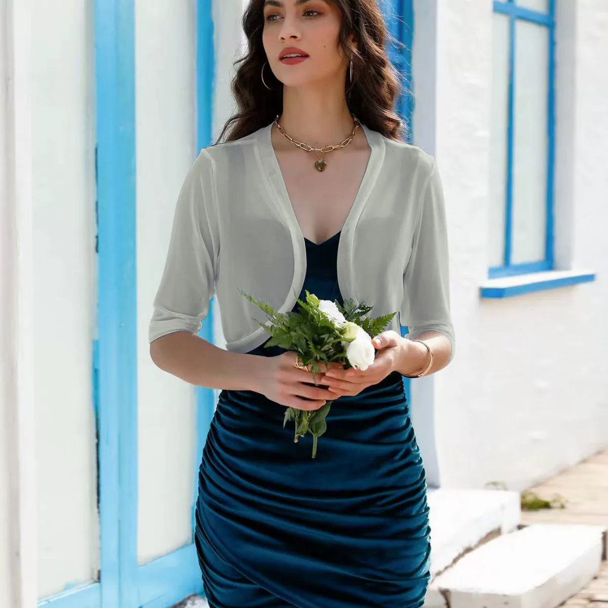 Европейский и американский новый летний кардиган 2023 года, маленький жилет, Женский мягкий однотонный сетчатый маленький платок с рукавом с семью точками