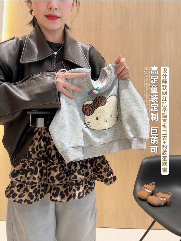 女童秋季新款卫衣裙套装儿童立体卡通圆领卫衣豹纹裙两件套|undefined
