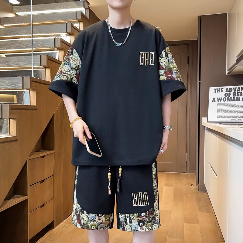 Chinese Style Embroider Splicing Three-Quarter Sleeve Men's Summer Short-Sleeved Suit Chinese Style Trendy Casual Shorts Men's T-Shirt